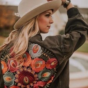 Free People Oversized Embroidered Denim Jacket